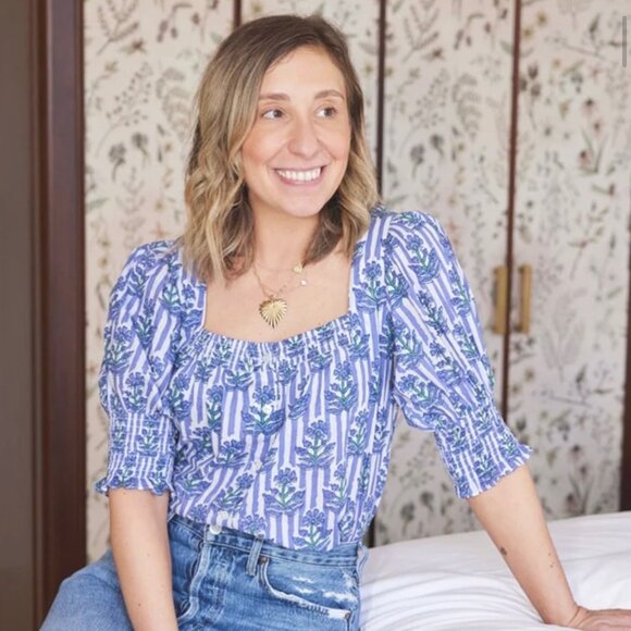 Ophelia & Indigo Mary Top XS Blue Stripe Floral Smocked Puff Sleeve - Picture 2 of 8